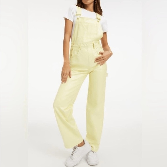Good American women’s key lime, yellow faux leather overalls, size 15, straight - Picture 1 of 16